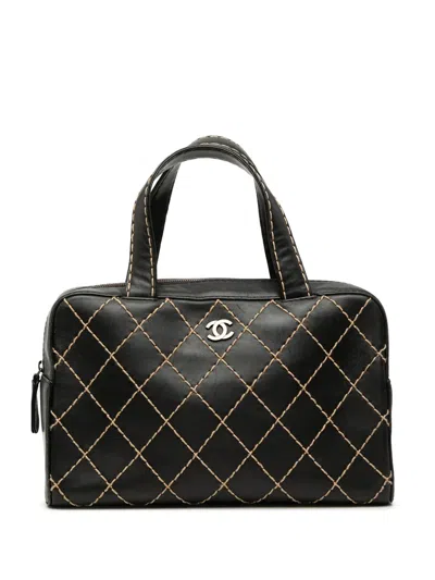 Pre-owned Chanel 2000-2002 Cc Lambskin Wild Stitch Handbag In Black