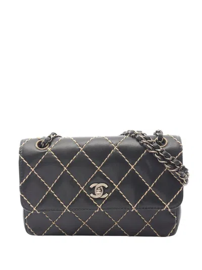 Pre-owned Chanel 2000-2002 Cc Wild Stitch Lambskin Flap Shoulder Bag In Black