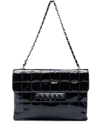 Pre-owned Chanel 2000-2002 Chocolate Bar Patent Digital Flap Shoulder Bag In Black