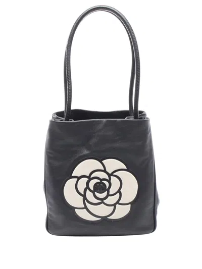 Pre-owned Chanel 2000-2002 Lambskin Embossed Camellia Logo Tote Bag In Black
