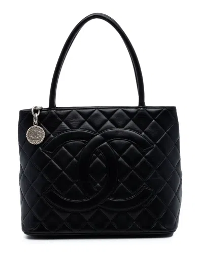 Pre-owned Chanel 2000-2002 Lambskin Medallion Tote Bag In Black