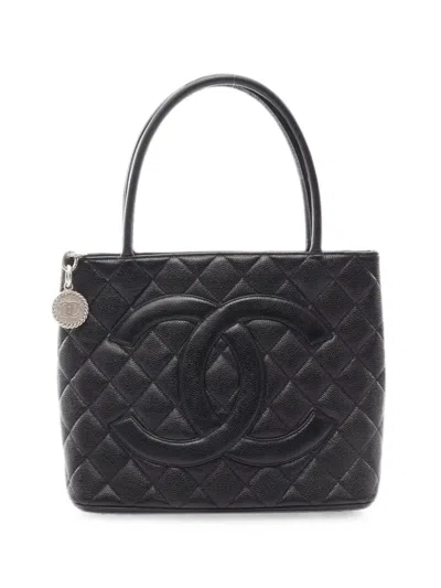 Pre-owned Chanel 2000-2002 Medallion Caviar-leather Tote Bag In Black