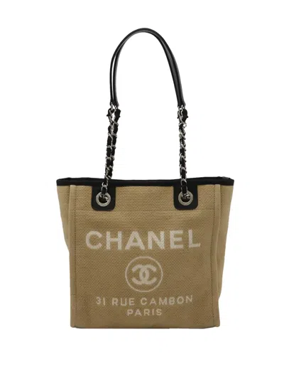 Pre-owned Chanel 2000-2002 Mini Canvas Deauville Tote Bag In Neutral