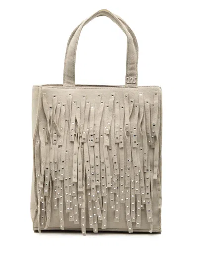 Pre-owned Chanel 2000-2002 Mini Suede Studded Fringe Tote Bag In Brown
