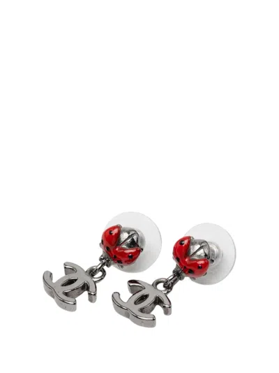 Pre-owned Chanel 2000-2010 Brass And Enamel Lady Bug Cc Drop Bullet Backs Earrings Costume Earrings In Red