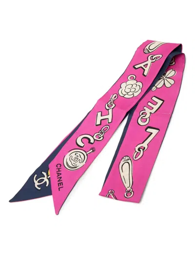 Pre-owned Chanel 2000-2010 Coco Charms Print Silk Slim Bandeau Scarf Scarves In Blue