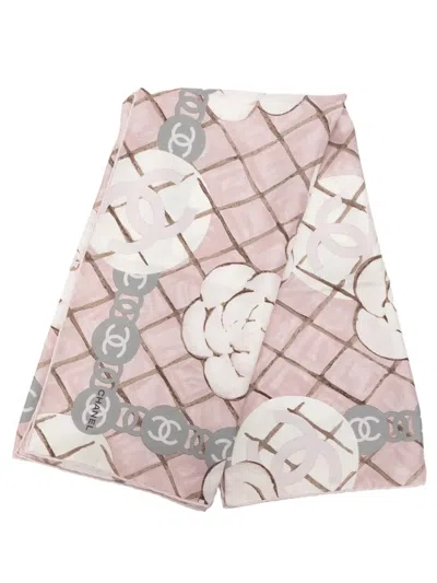Pre-owned Chanel 2000-2026 Cc Camellia And Quilted Printed Silk Scarf 90 Scarves In Pink