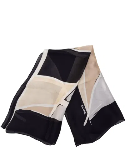 Pre-owned Chanel 2000-2026 Cc Geometric Print Silk Scarf Scarves In Black