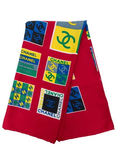 Pre-owned Chanel 2000-2026 Cc Logo Printed Silk Scarf 90 Scarves In Red