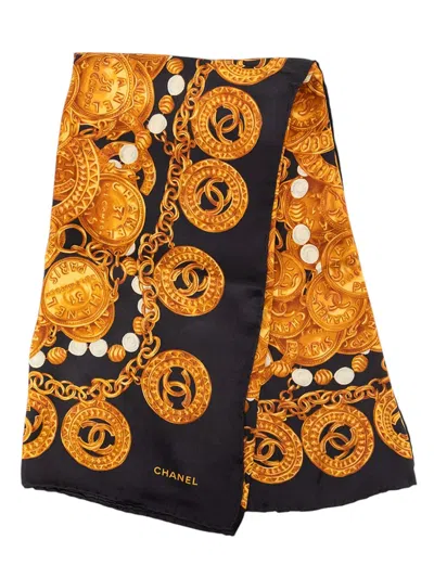 Pre-owned Chanel 2000-2026 Cc Medallion Chain Printed Silk Scarf Scarves In Black
