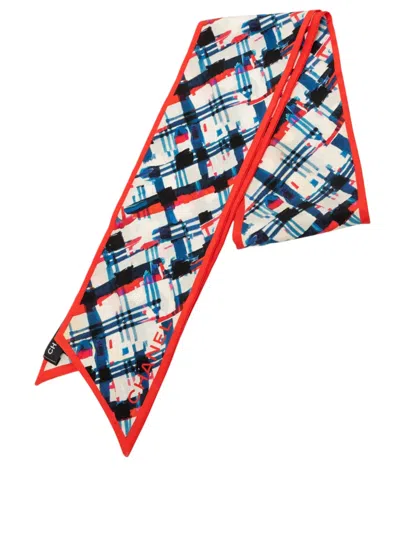 Pre-owned Chanel 2000-2026 Plaid Printed Silk Twilly Scarf Scarves In Multi