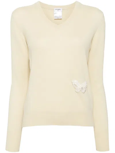 Pre-owned Chanel 2000s Butterfly Appliqué Cashmere Jumper In Neutrals