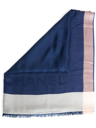 Pre-owned Chanel 2000s Camellia Cashmere Scarf In Blue