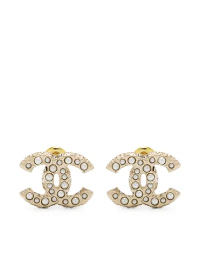 Pre-owned Chanel 2000s Cc Faux-pearl Earrings In Gold