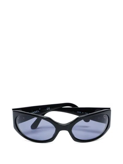 Pre-owned Chanel 2000s Cc Mark Oval Sunglasses In Black