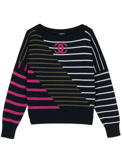 Pre-owned Chanel 2000s Cc Patchwork Cashmere Jumper In Blue
