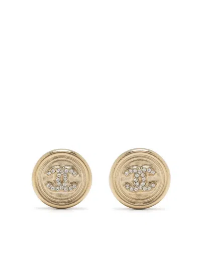Pre-owned Chanel 2000s Cc Rhinestone-embellished Earrings In Gold