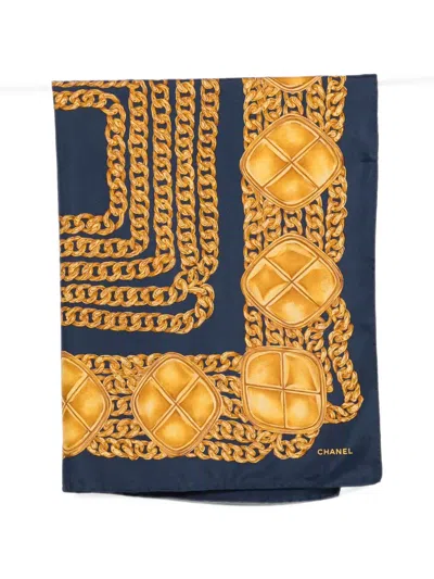 Pre-owned Chanel 2000s Chain-print Scarf In Blue