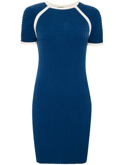 Pre-owned Chanel 2000s Contrasting-trim Ribbed Minidress In Blue