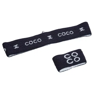 Pre-owned Chanel 2000s Ensemble Bandeau Bracelet Coco Headband Wristband Navy Set In Blue