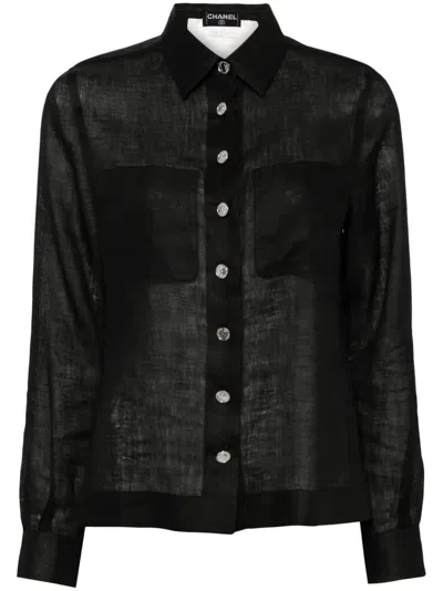 Pre-owned Chanel 2000s Logo Buttons Semi-sheer Shirt In Black