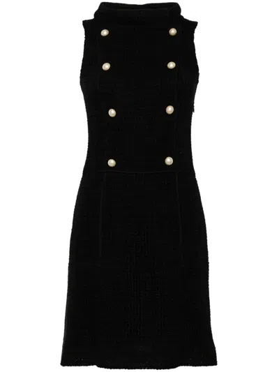 Pre-owned Chanel 2000s Pearl-embellished Tweed Minidress In Black