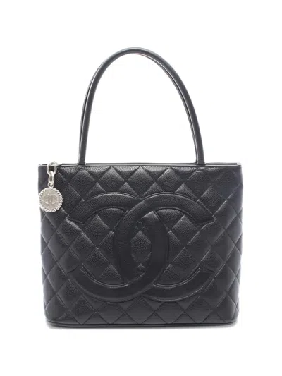 Pre-owned Chanel 2000s Reissue Medallion Leather Tote Bag In Black