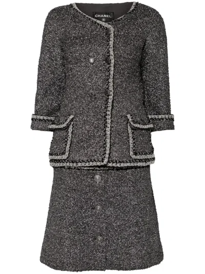 Pre-owned Chanel 2000s Tweed Skirt Two-piece Suit In Silver