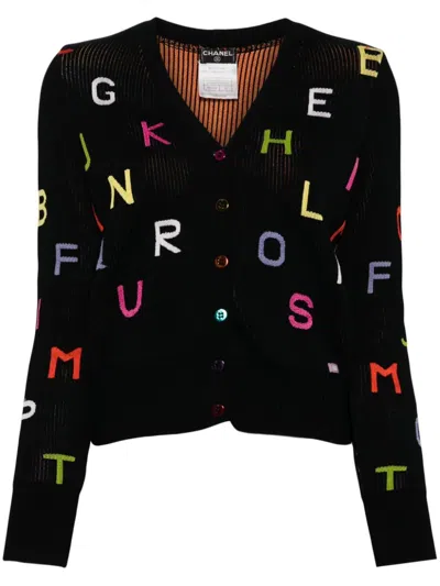 Pre-owned Chanel 2001 Alphabet-intarsia Cardigan In Black