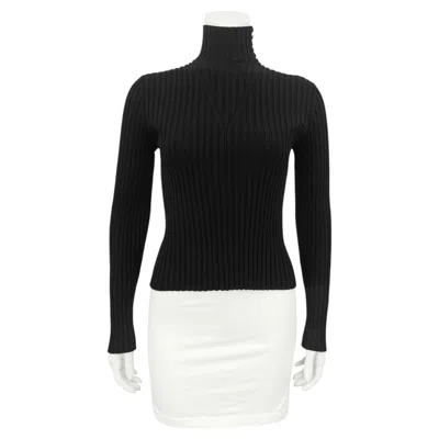 Pre-owned Chanel 2001 Autumn  Black Poly Knit Ribbed Mock Neck Sweater With Logo Buttons