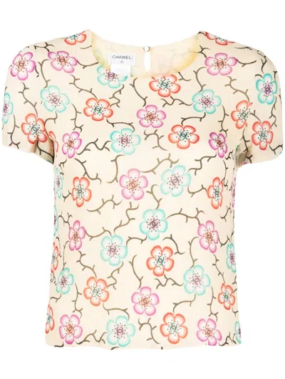 Pre-owned Chanel 2001 Cc Floral-print T-shirt In Brown