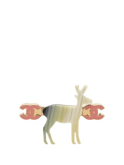Pre-owned Chanel 2001 Cc Gold Plated And Gradient Resin Reindeer Brooch Costume Brooch In Green