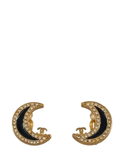 Pre-owned Chanel 2001 Cc Gold Plated Crescent Moon Enamel And Crystals Clip On Earrings Costume Earrings