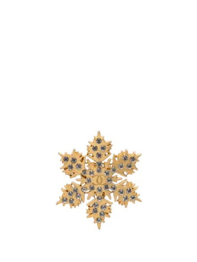 Pre-owned Chanel 2001 Cc Gold Plated Crystal Snowflake Pin Brooch Costume Brooch