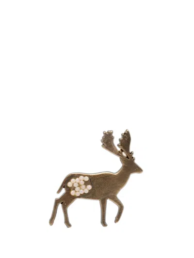 Pre-owned Chanel 2001 Cc Gold Plated Faux Pearl Deer Brooch Costume Brooch