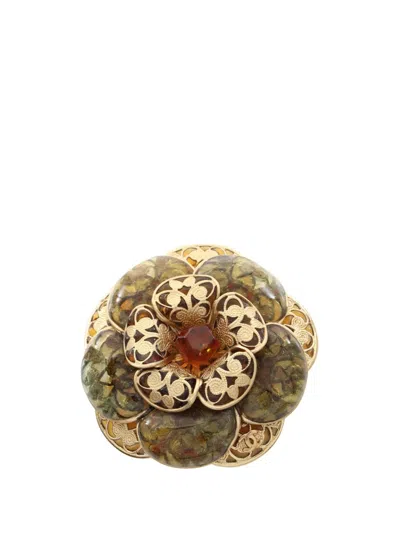 Pre-owned Chanel 2001 Cc Gold Plated Gripoix Camellia Brooch Costume Brooch