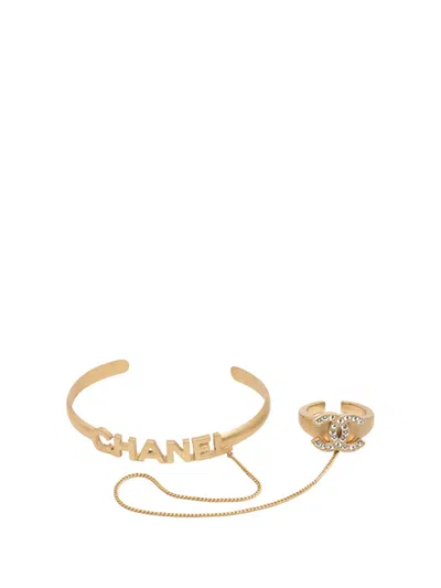 Pre-owned Chanel 2001 Cc Gold Plated Rhinestone Logo Cuff Bracelet And Ring Set Costume Bracelet