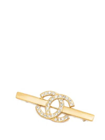 Pre-owned Chanel 2001 Cc Gold Plated Strass Bar Brooch Costume Brooch