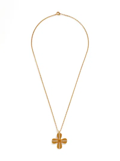 Pre-owned Chanel 2001 Cc-mark Clover Crystal-embellished Necklace In Gold