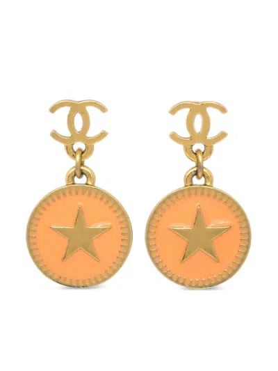 Pre-owned Chanel 2001 Cc Pendant Earrings In Gold