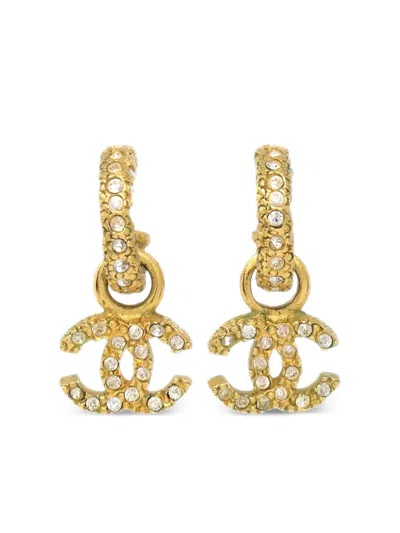 Pre-owned Chanel 2001 Cc Rhinestone-embellished Dangle Stud Earrings In Gold