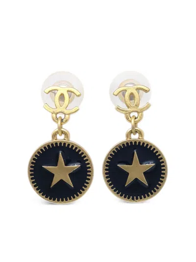 Pre-owned Chanel 2001 Cc Star Dangle Earrings In Black