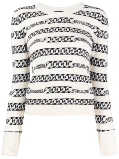 Pre-owned Chanel 2001 Chain-motif Cashmere Jumper In White