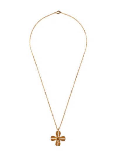 Pre-owned Chanel 2001 Clover Rhinestone Necklace In Gold