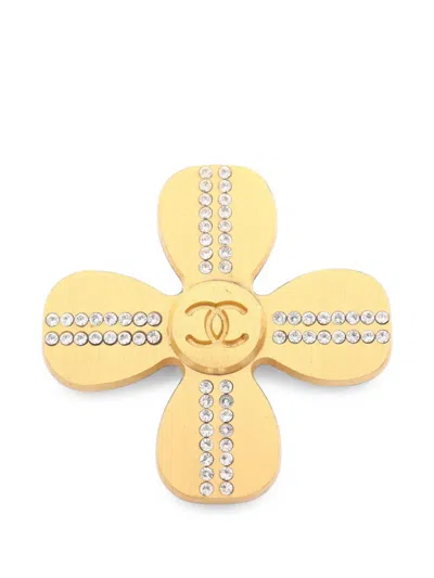 Pre-owned Chanel 2001 Coco Mark Rhinestone Brooch In Gold
