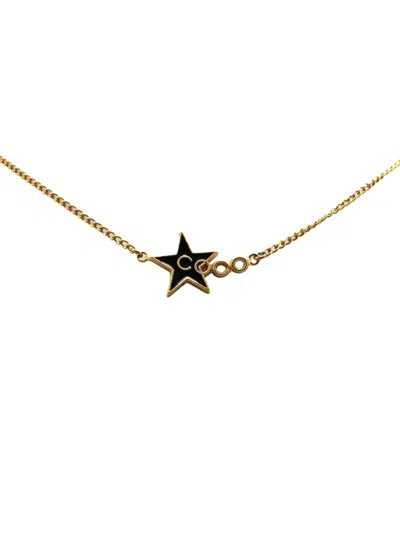Pre-owned Chanel 2001 Gold Plated And Enamel Coco Star Necklace Costume Necklace In Black