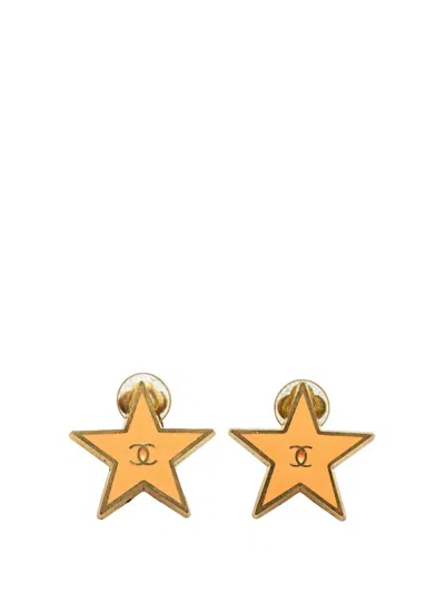 Pre-owned Chanel 2001 Gold Plated Enamel Cc Star Clip On Earrings Costume Earrings