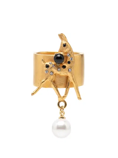 Pre-owned Chanel 2001 Gold Plated Rhinestone And Faux Pearl Bambi Ring Costume Ring