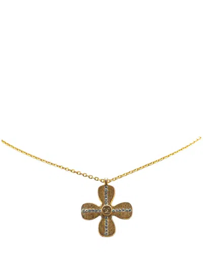 Pre-owned Chanel 2001 Gold Plated Rhinestones Clover Pendant Necklace Costume Necklace