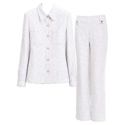 Pre-owned Chanel 2001 Runway Ecru Tweed Suit With Cc Buttons 38 Fr In Brown
